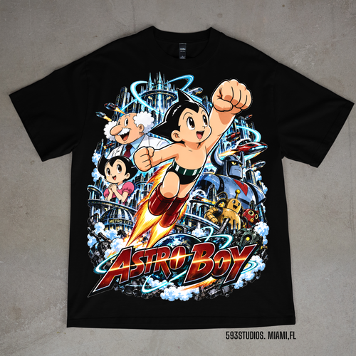 Astro Boy graphic on a black Shaka Wear T-shirt