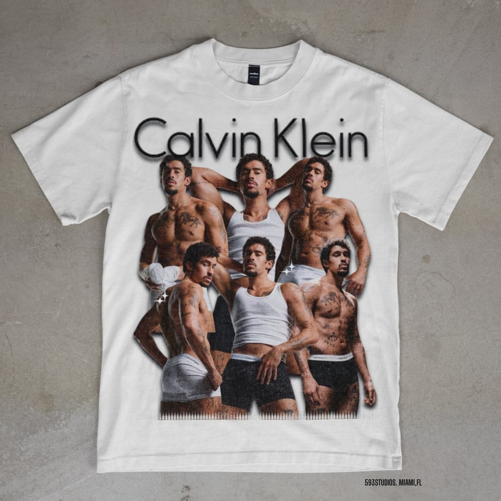 Bad Bunny — CK Portrait Collage graphic on a white T-shirt