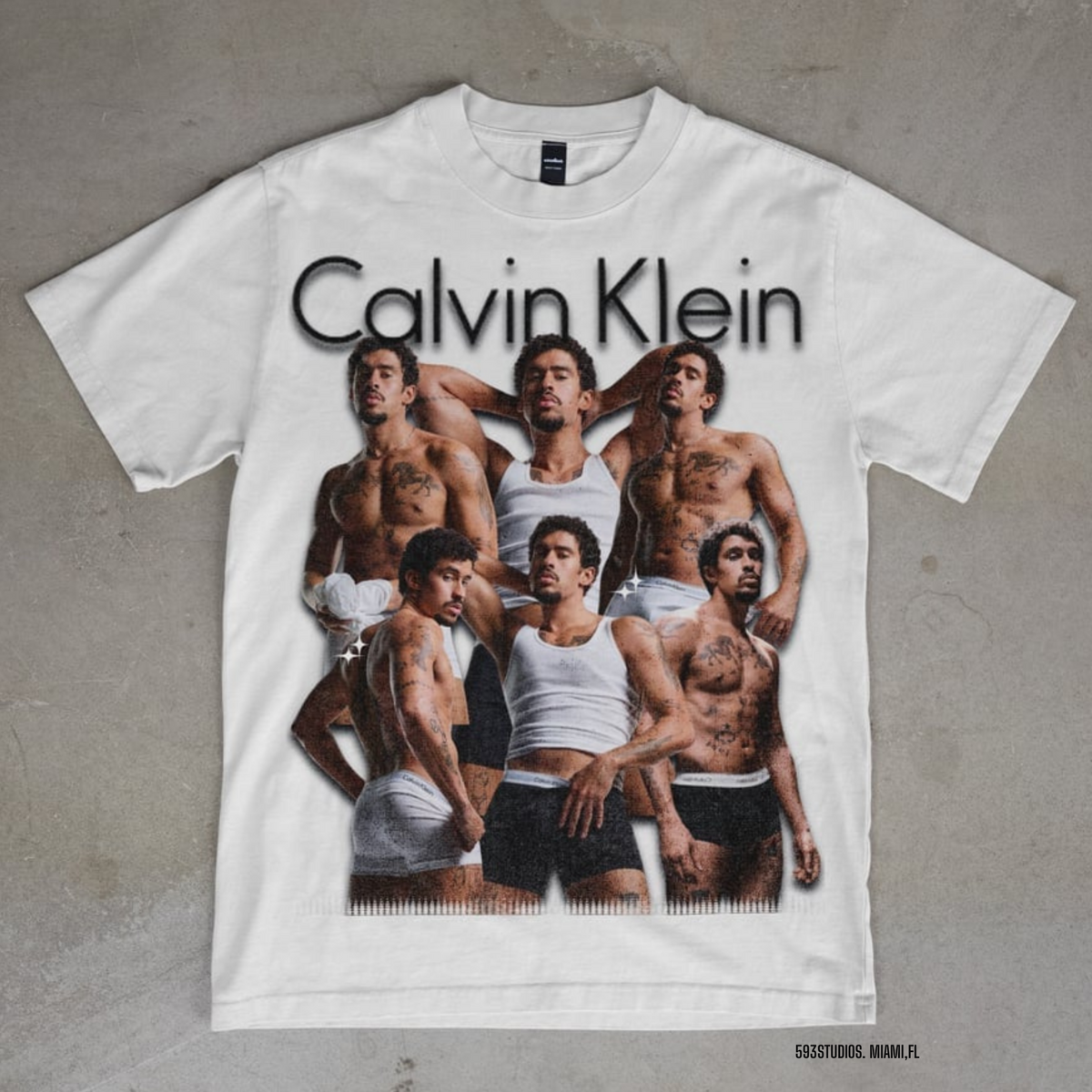Bad Bunny — CK Portrait Collage graphic on a white T-shirt