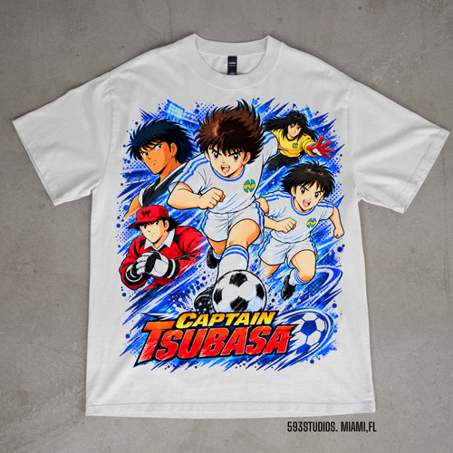 Captain Tsubasa soccer anime collage on a white Shaka Wear T-shirt