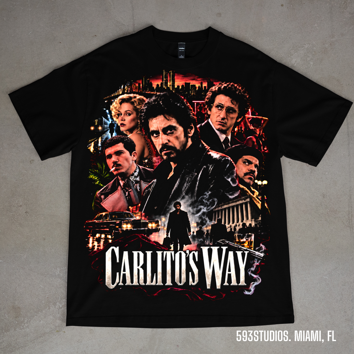 Carlito’s Way collage graphic on a black Shaka Wear T-shirt