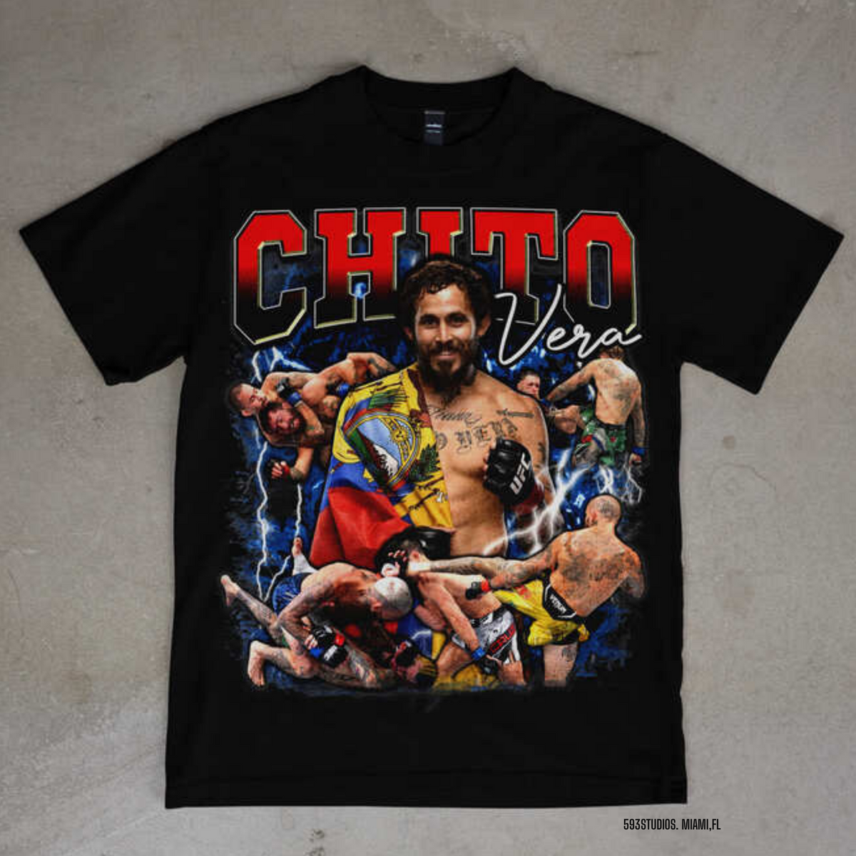 Marlon Chito Vera — Fighter Collage graphic on a black T-shirt