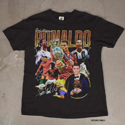 Cristiano Ronaldo — CR7 Collage graphic on a charcoal T-shirt