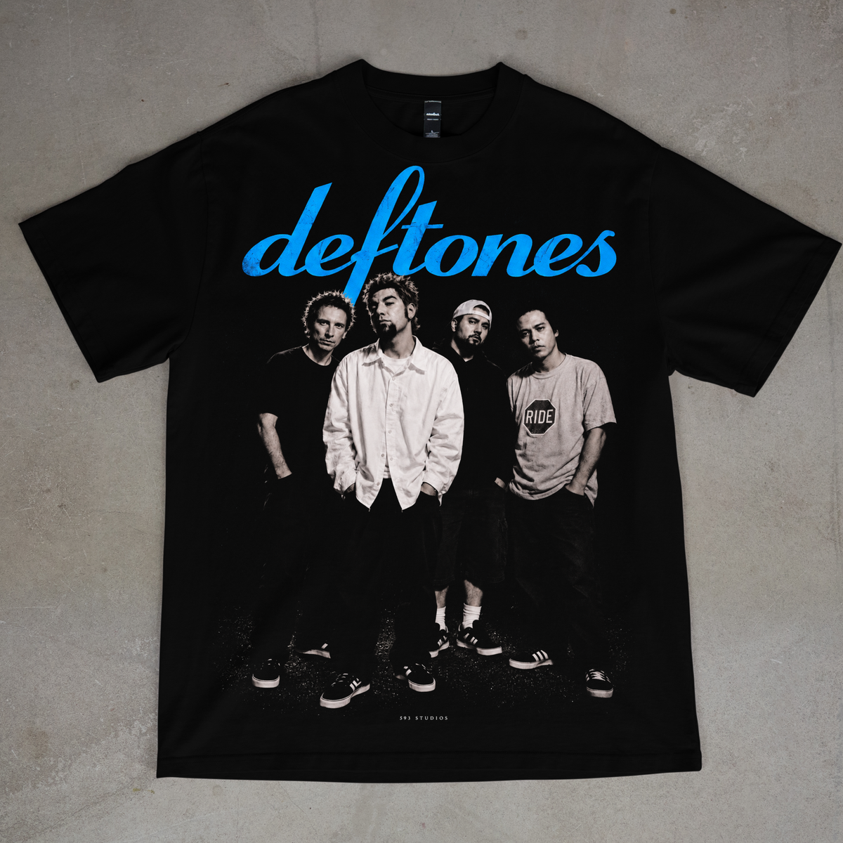 Deftones — Monochrome Band Portrait graphic on a black T-shirt