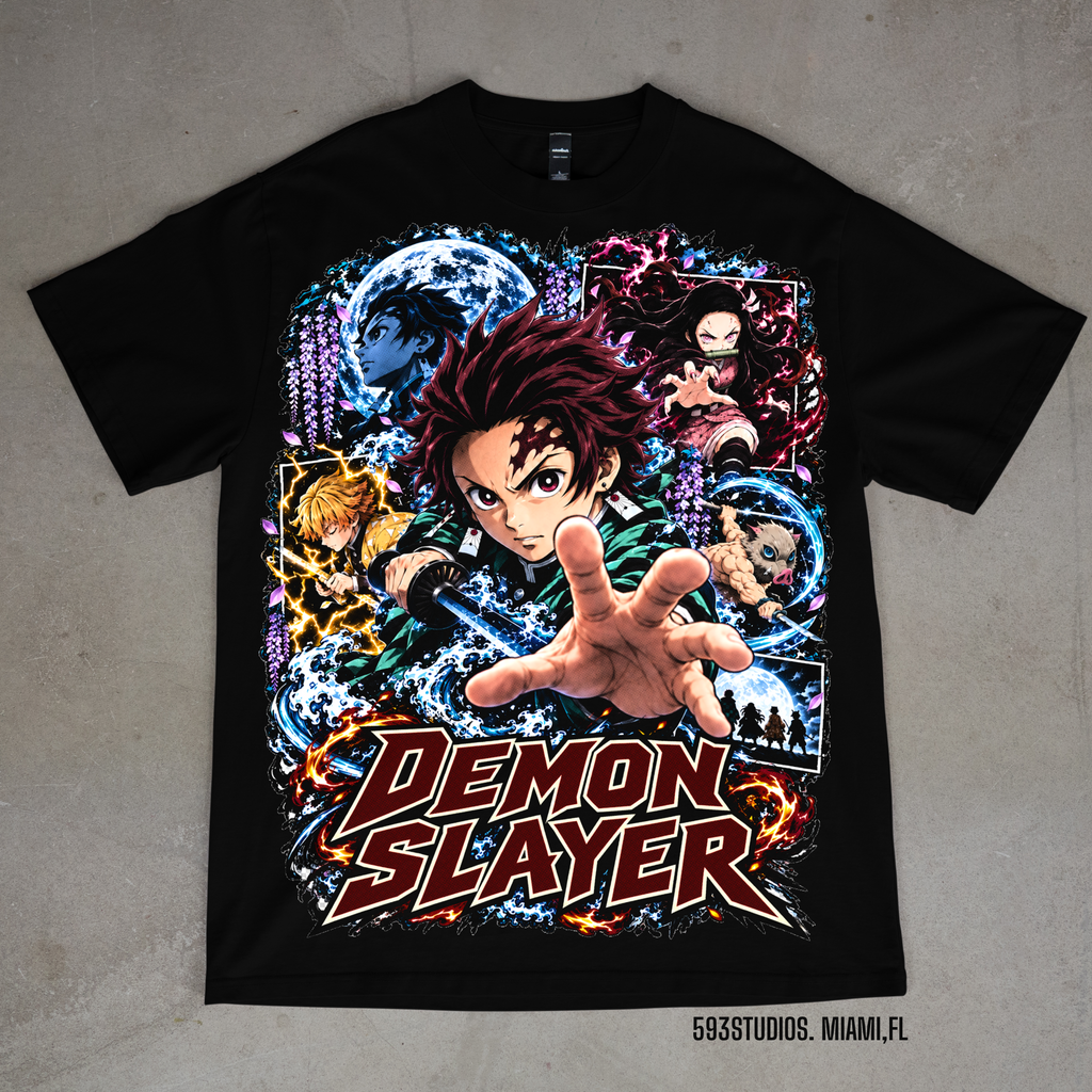 Demon Slayer graphic on a black Shaka Wear T-shirt