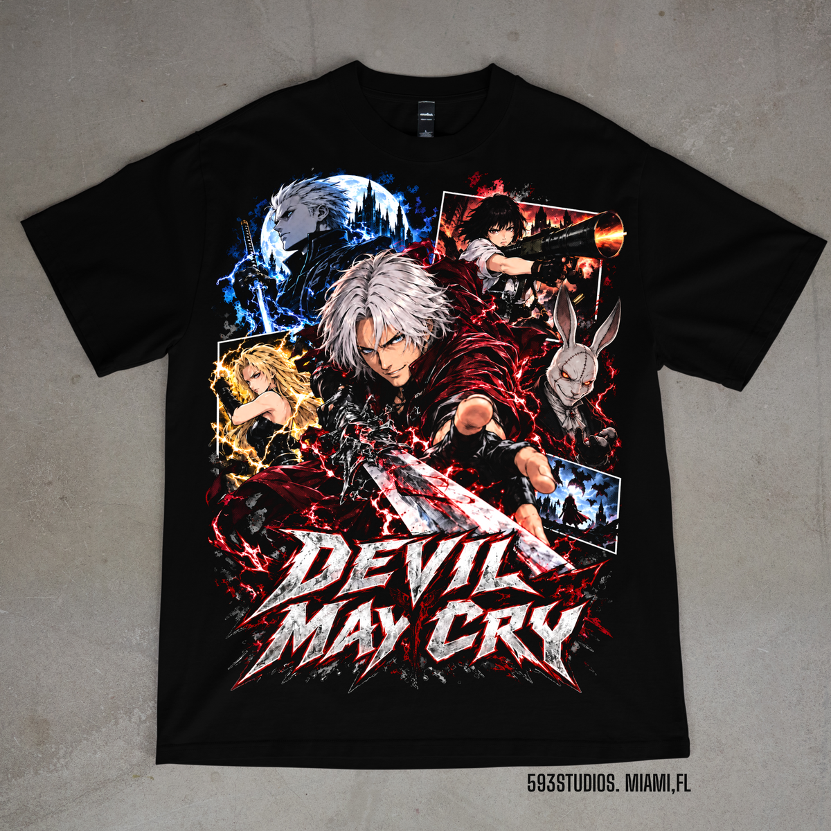 Devil May Cry graphic on a black Shaka Wear T-shirt