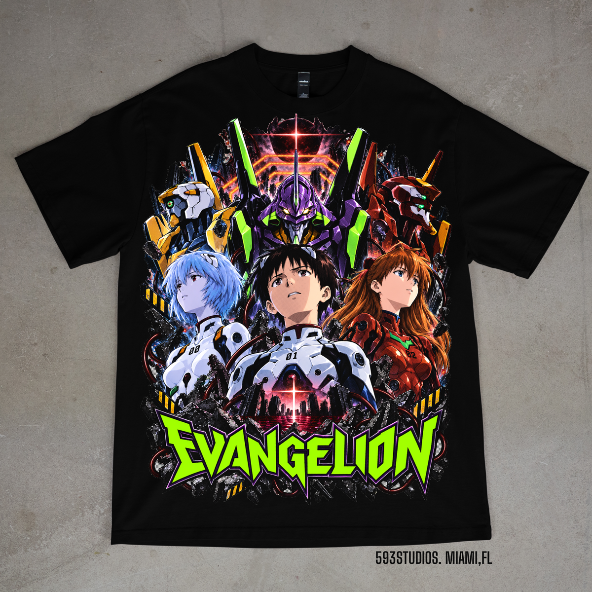Evangelion graphic on a black Shaka Wear T-shirt