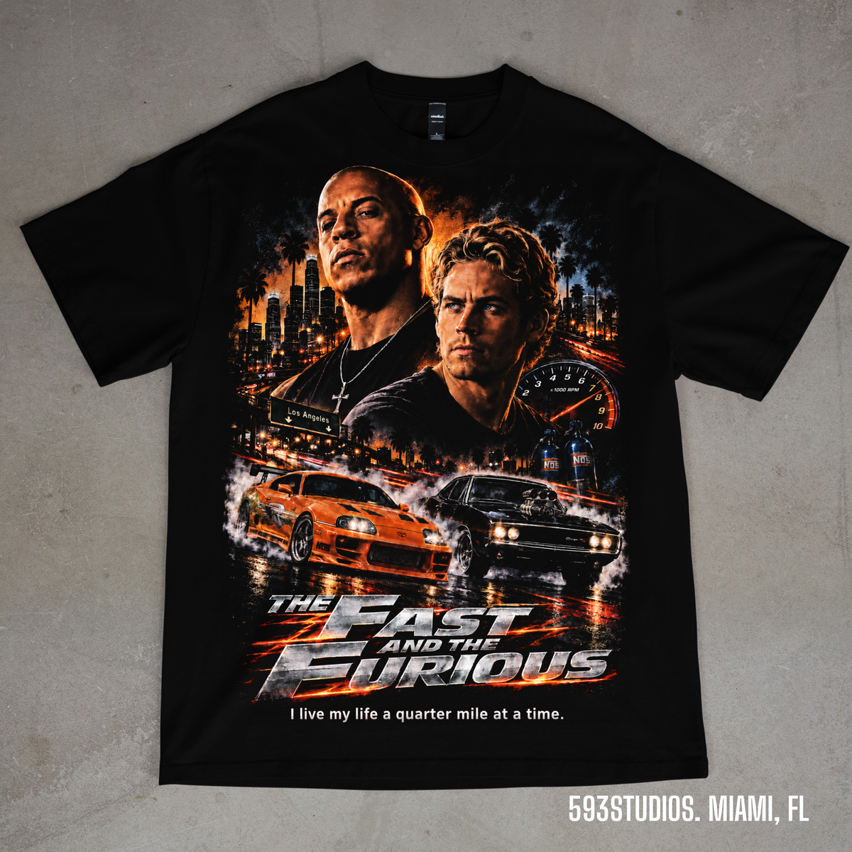Fast and Furious 1 Tshirt graphic on a black Shaka Wear T-shirt