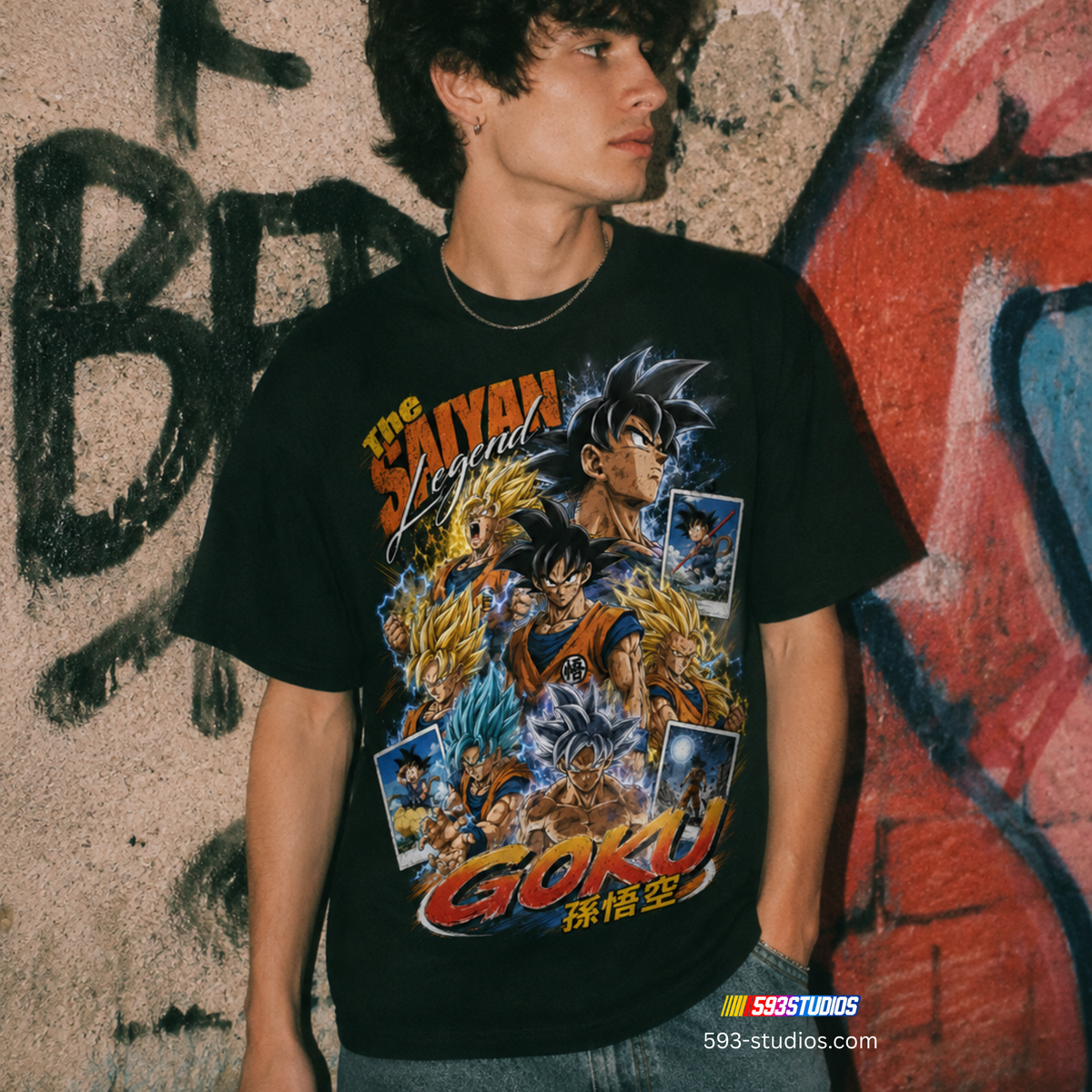 Goku — Saiyan Legend | Black Shaka Wear Graphic Tee — model photo