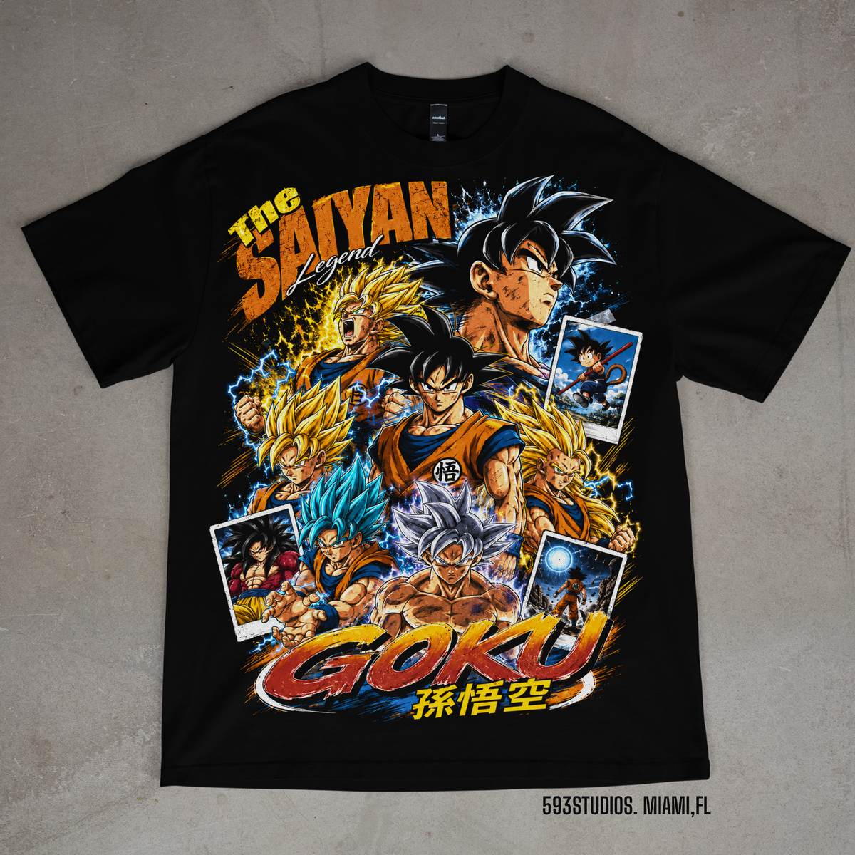 Goku Saiyan Legend graphic on a black Shaka Wear T-shirt