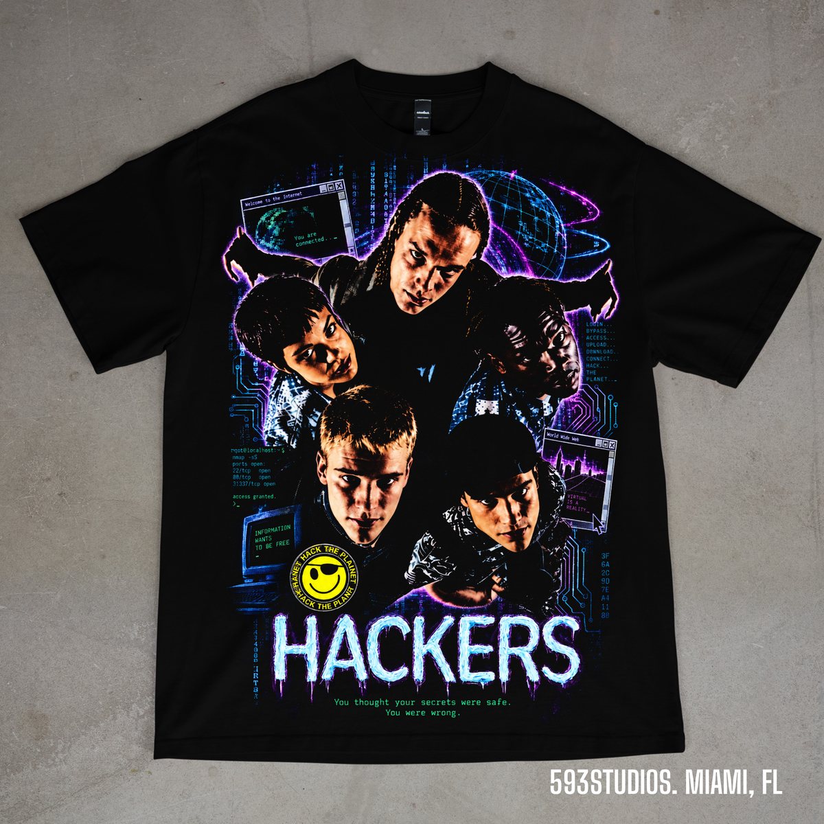 Hackers graphic on a black Shaka Wear T-shirt