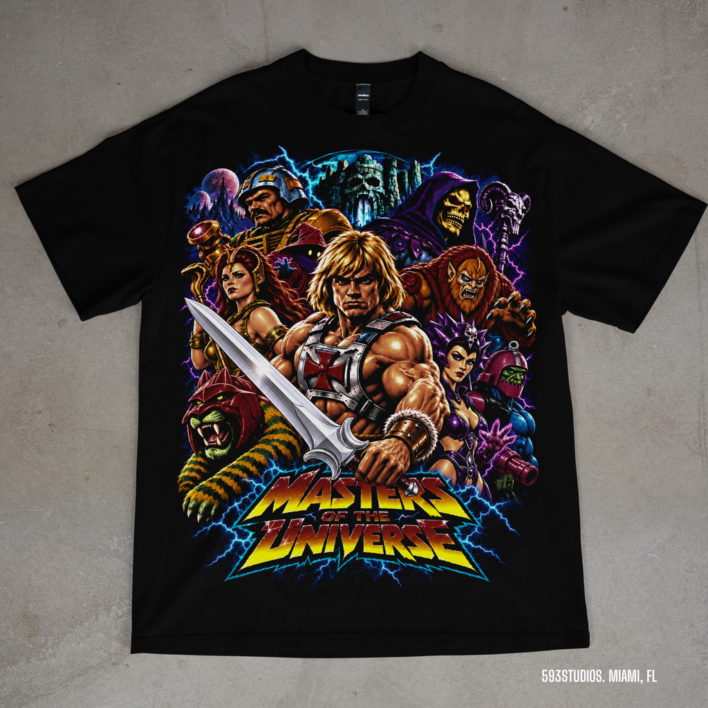 He-Man — Masters of the Universe graphic on a black T-shirt