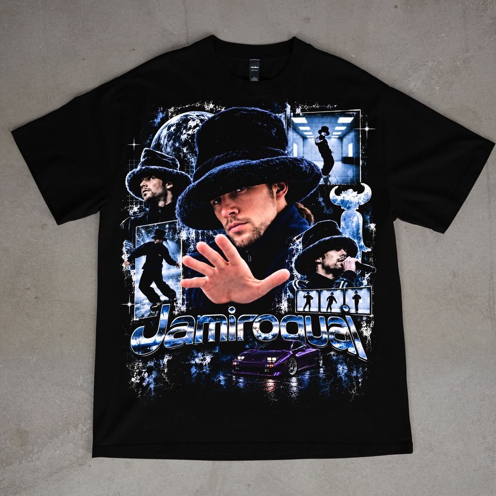 Jamiroquai — Blue Portrait Collage graphic on a black T-shirt