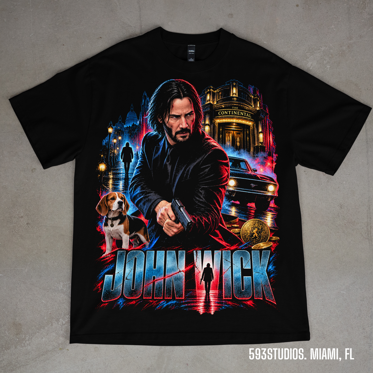 John Wick graphic on a black Shaka Wear T-shirt