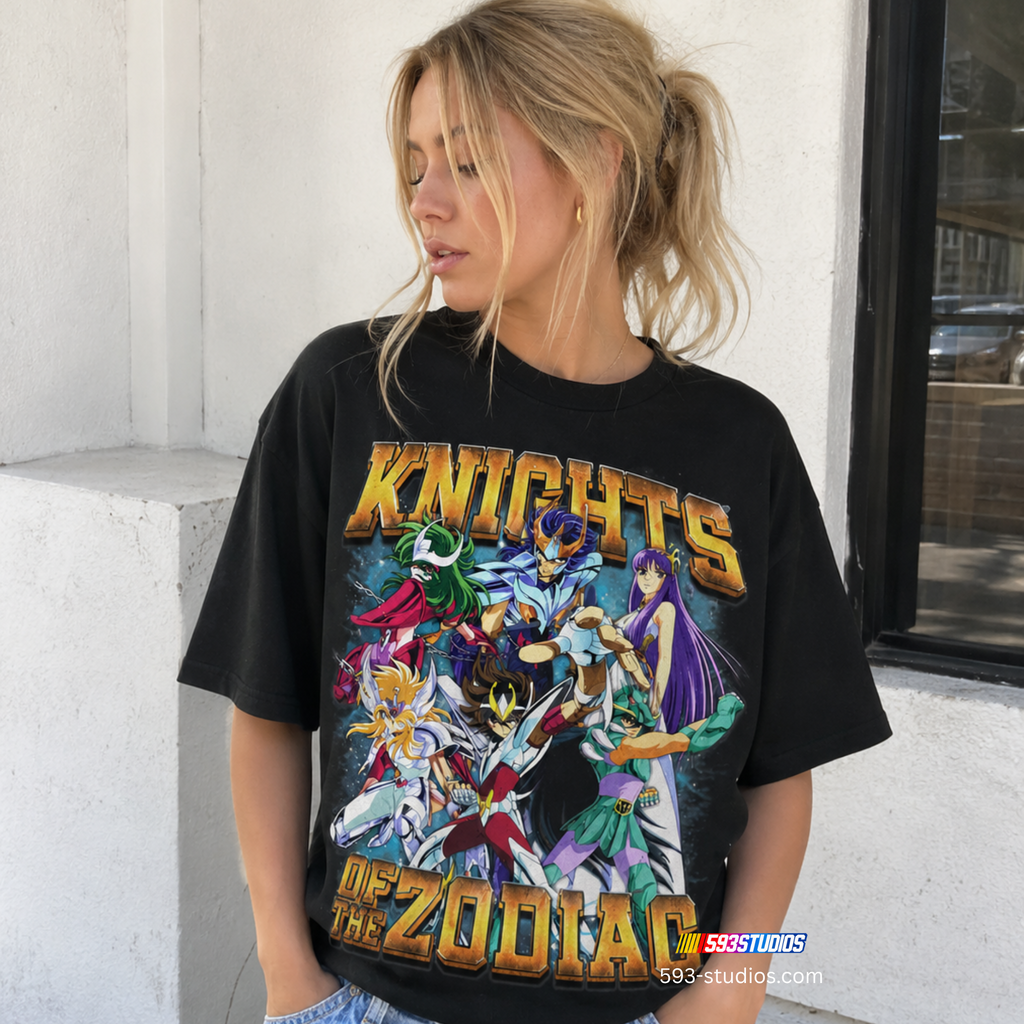 Knights of the Zodiac — Hero Collage | Black Graphic Tee — model photo