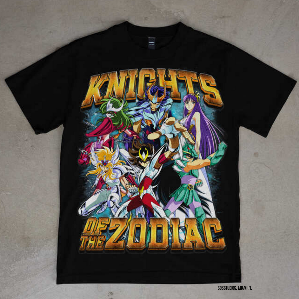 Knights of the Zodiac — Hero Collage graphic on a black T-shirt