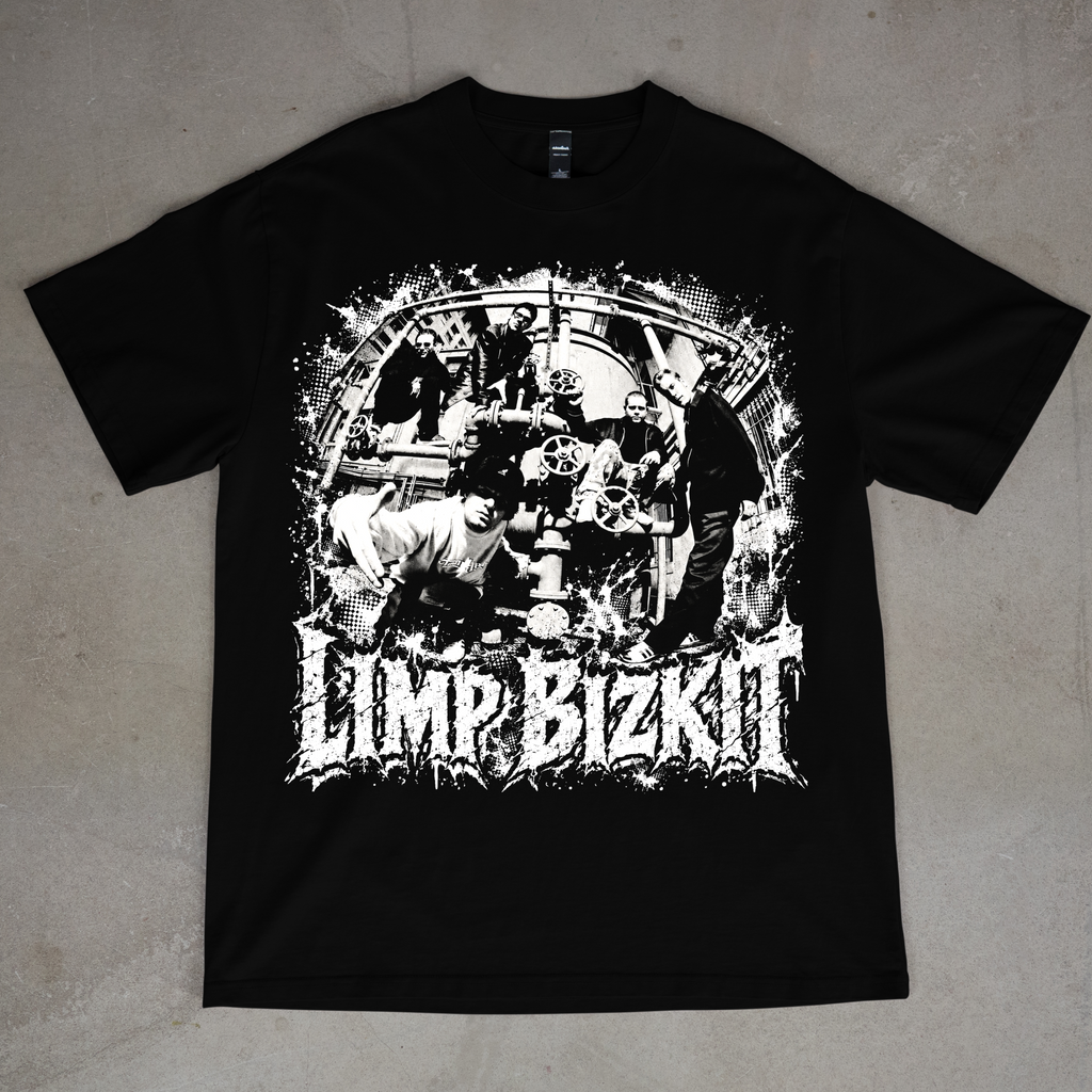 Limp Bizkit — Monochrome Collage graphic on a black T-shirt
