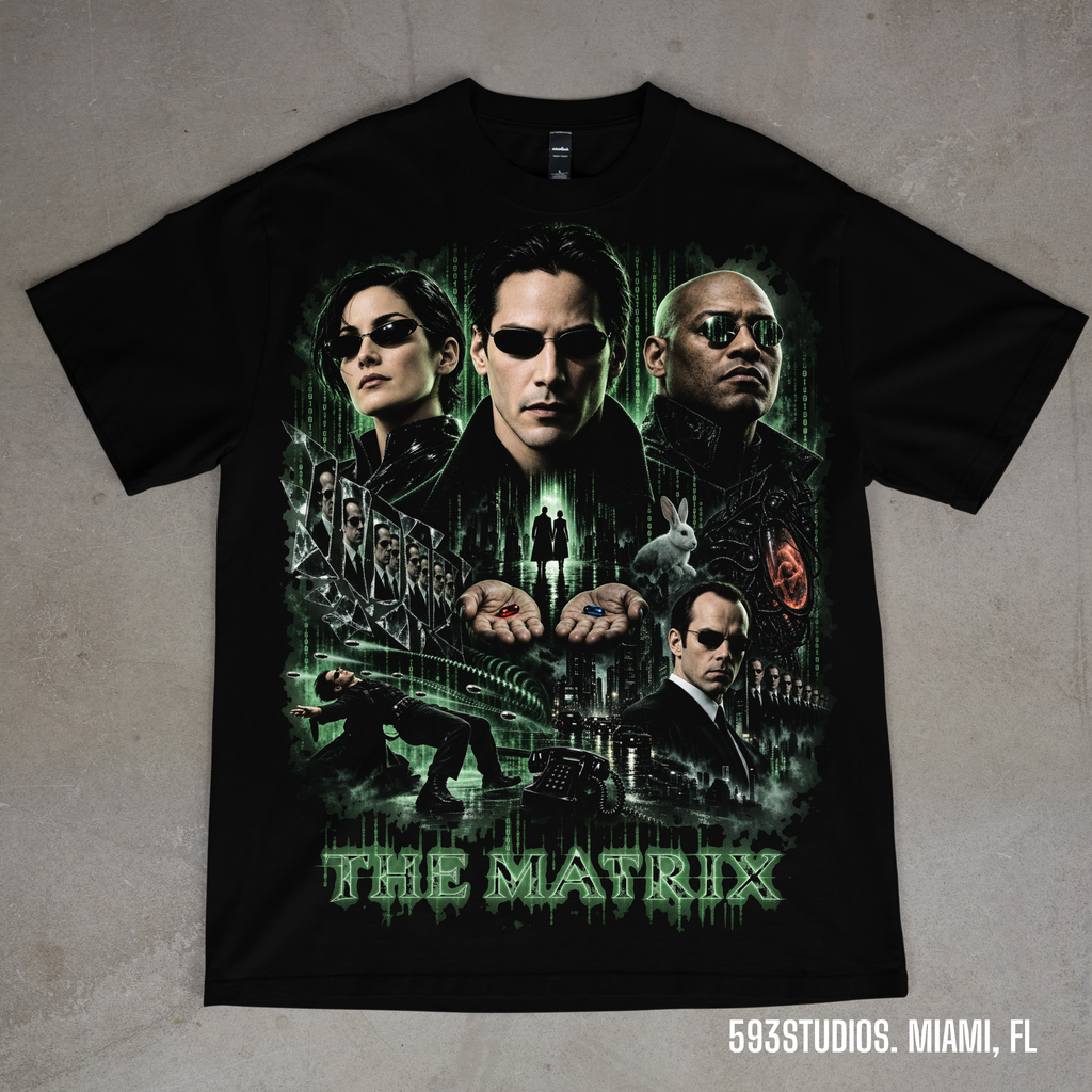 Matrix graphic on a black Shaka Wear T-shirt