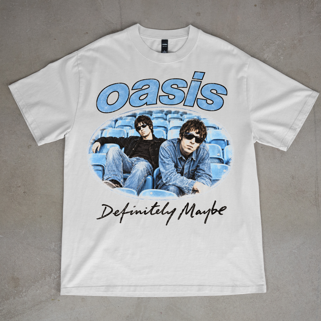 Oasis — Definitely Maybe graphic on a white T-shirt