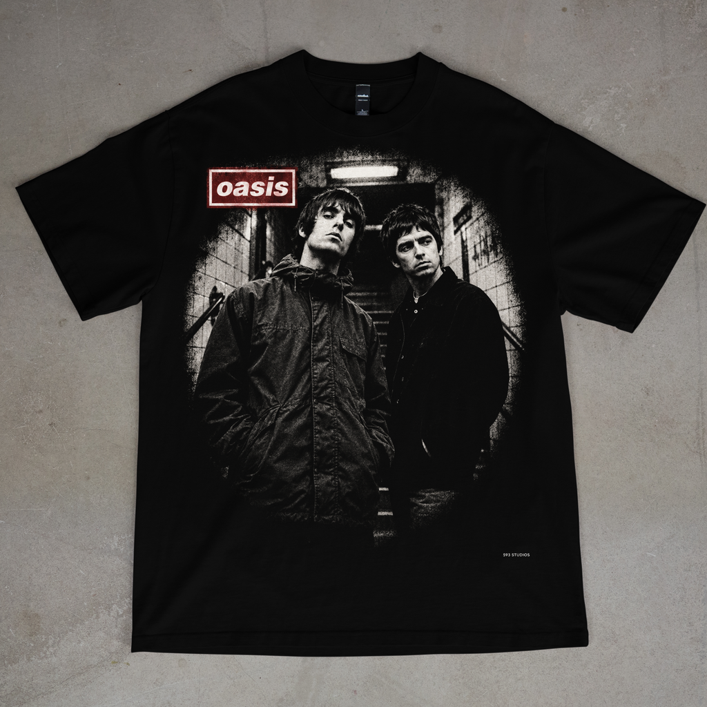 Oasis — Monochrome Portrait graphic on a black T-shirt