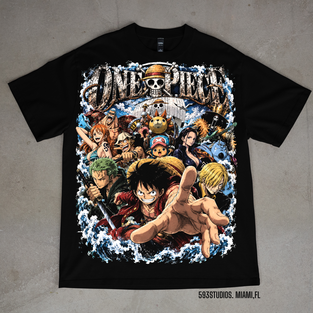 One Piece Straw Hat Crew graphic on a black Shaka Wear T-shirt