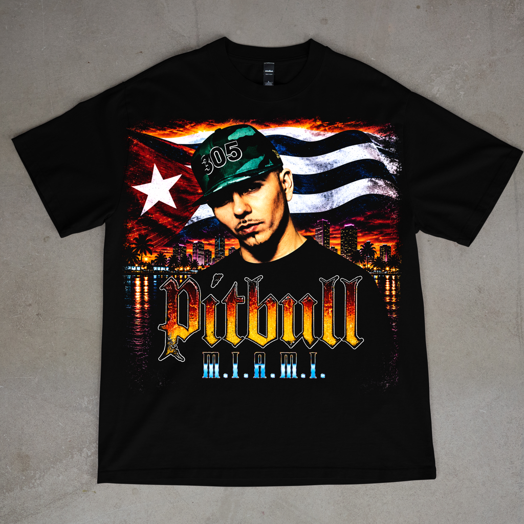 Pitbull — M.I.A.M.I. graphic on a black T-shirt