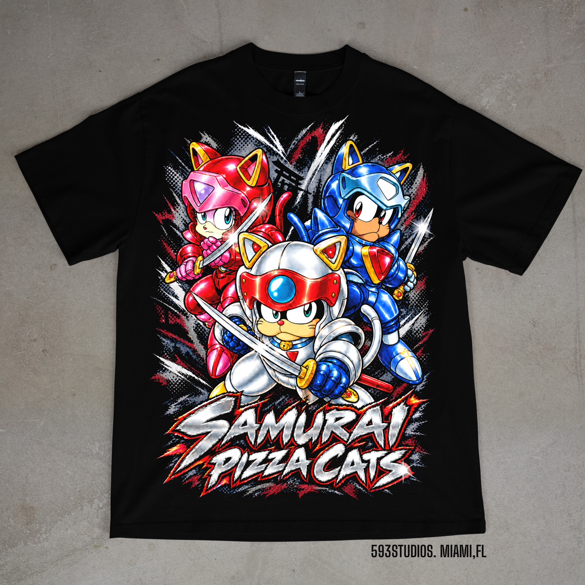 Samurai Pizza Cats character collage on a black T-shirt