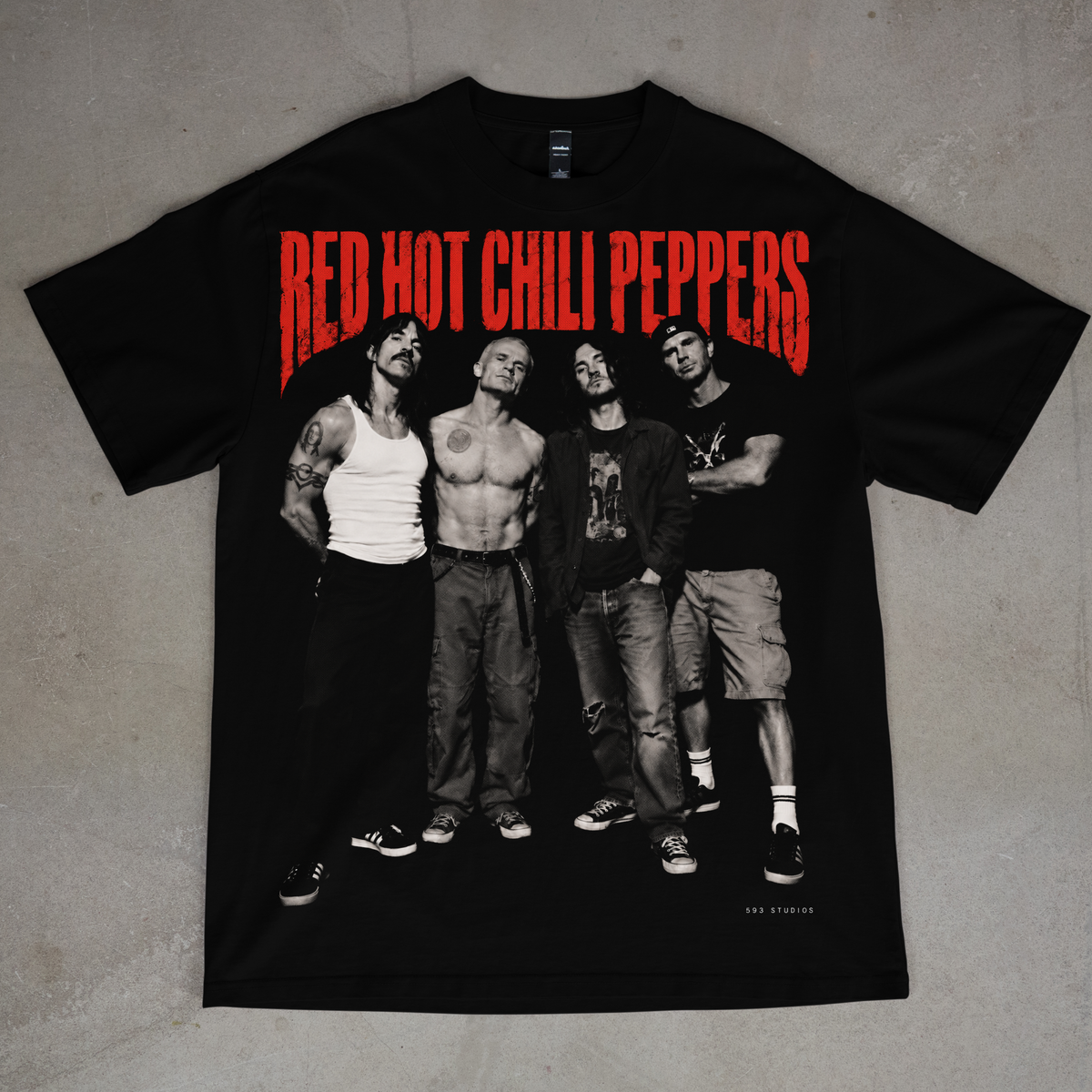 Red Hot Chili Peppers — Band Portrait graphic on a black T-shirt