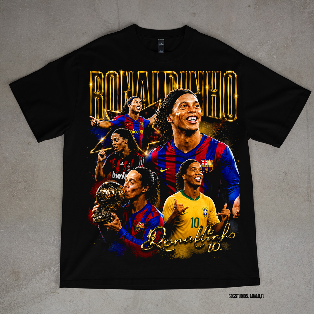 Ronaldinho — Football Legend Collage graphic on a black T-shirt