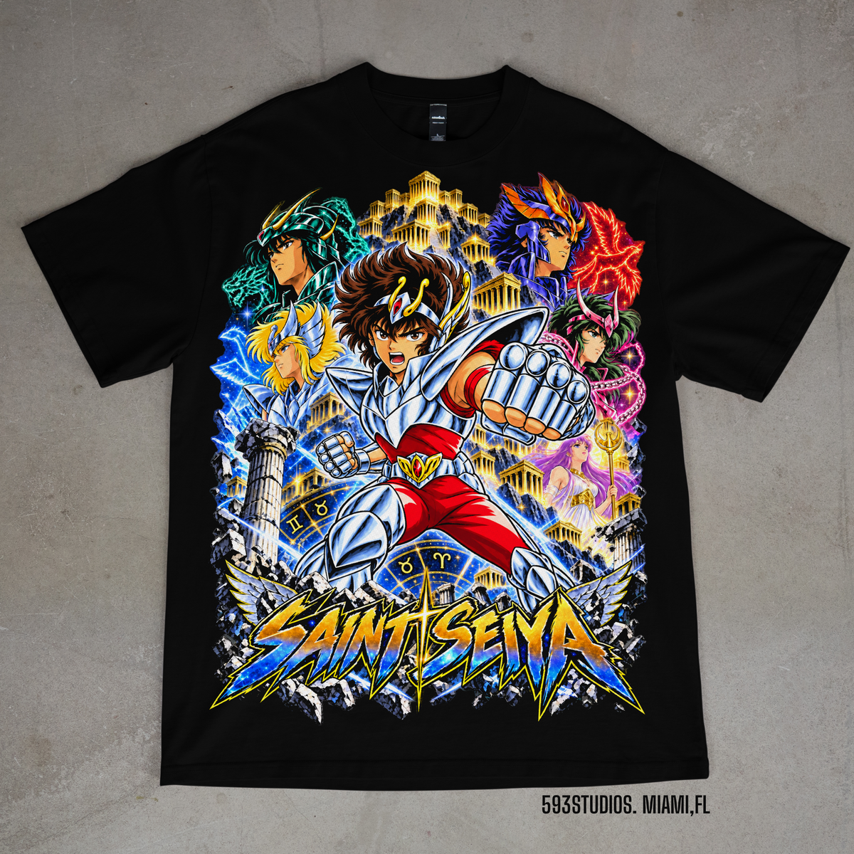 Saint Seiya graphic on a black Shaka Wear T-shirt