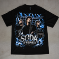 Soda Stereo — Blue Stage Collage graphic on a black T-shirt