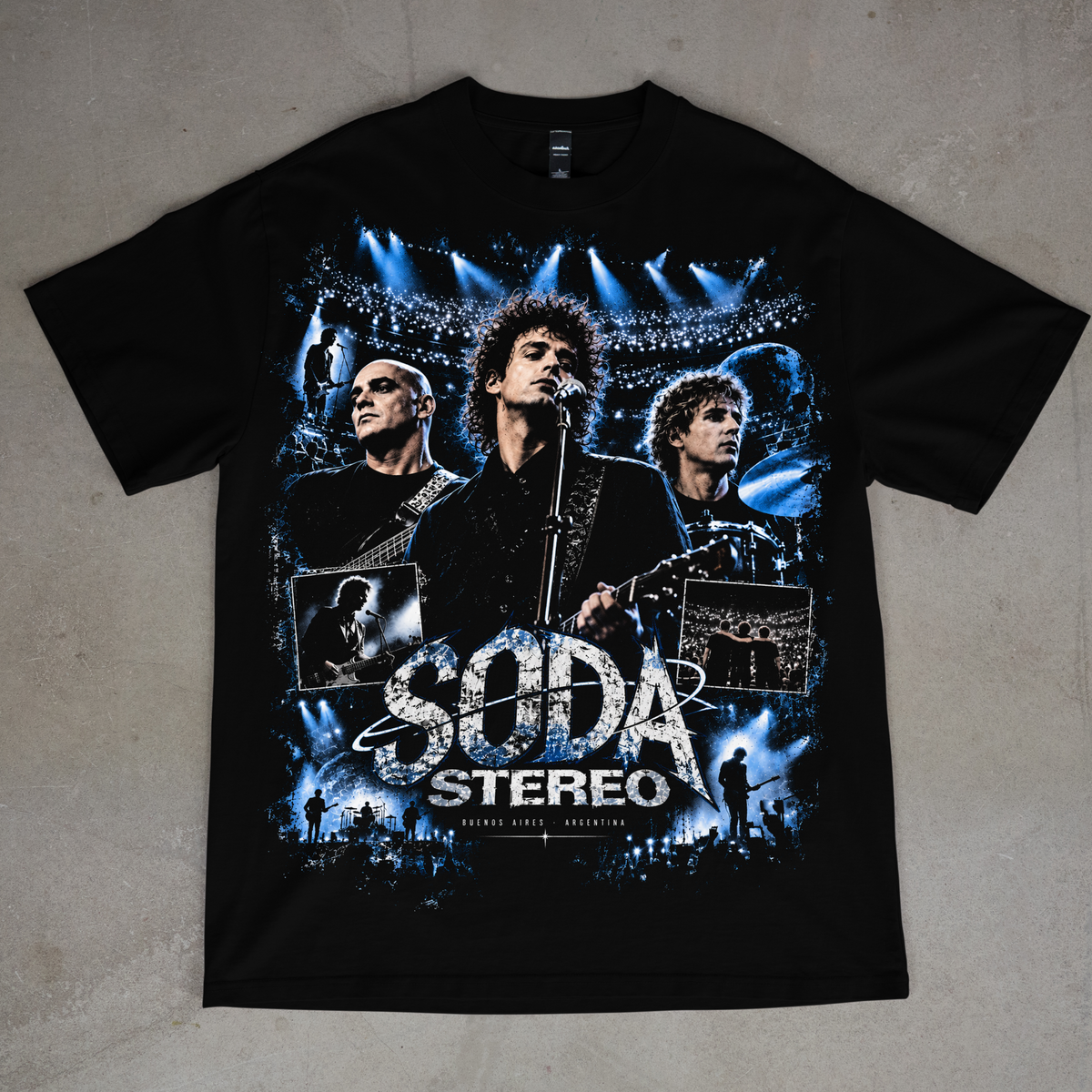 Soda Stereo — Blue Stage Collage graphic on a black T-shirt