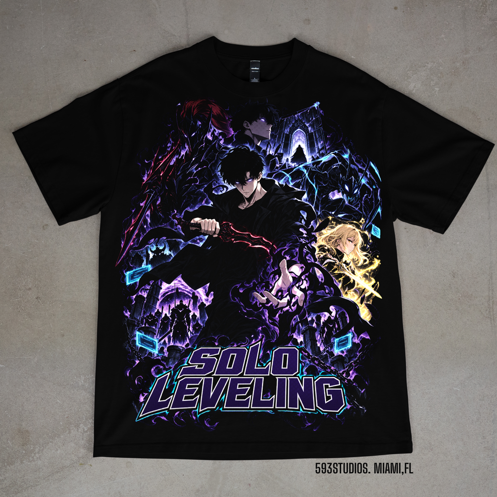 Solo Leveling graphic on a black Shaka Wear T-shirt