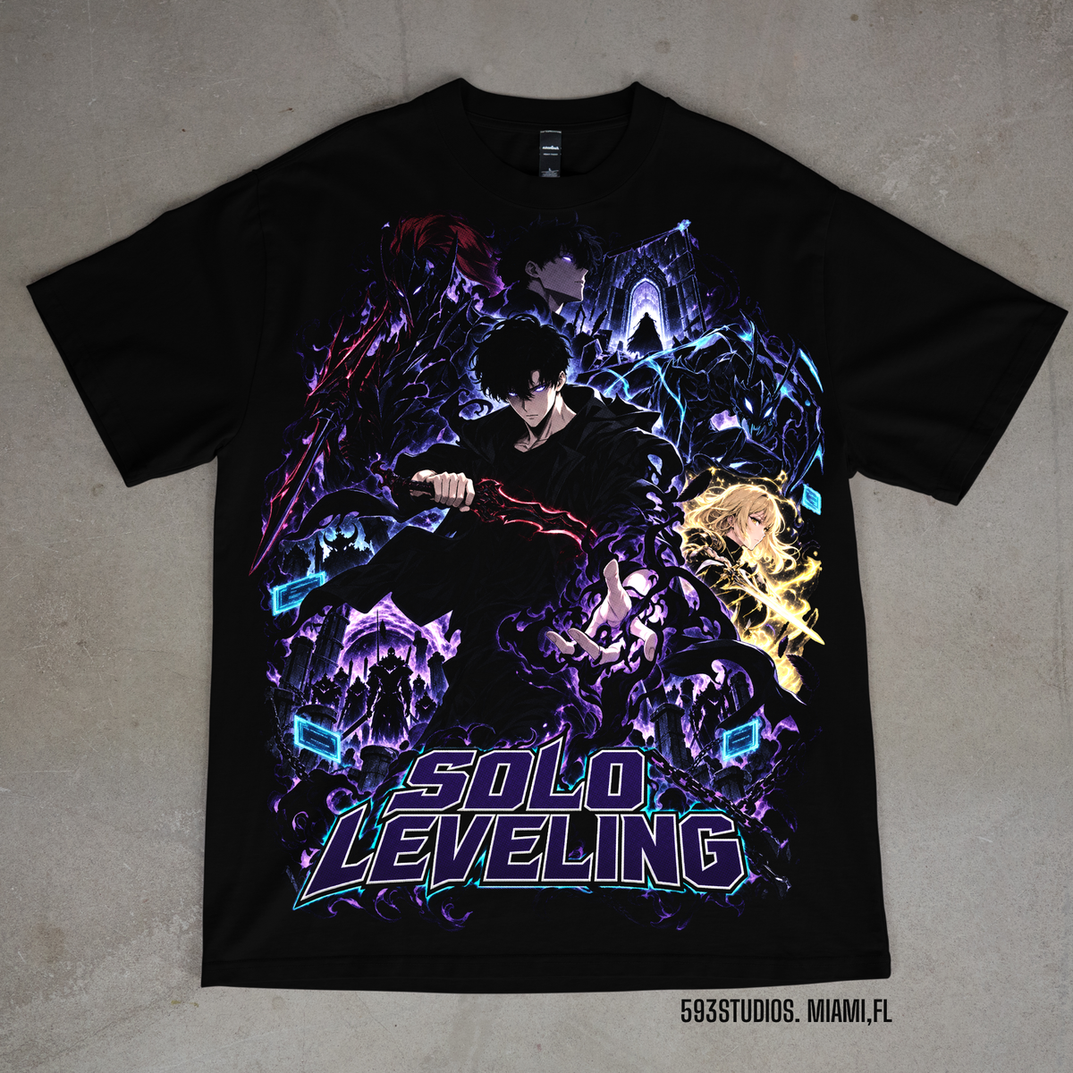 Solo Leveling graphic on a black Shaka Wear T-shirt