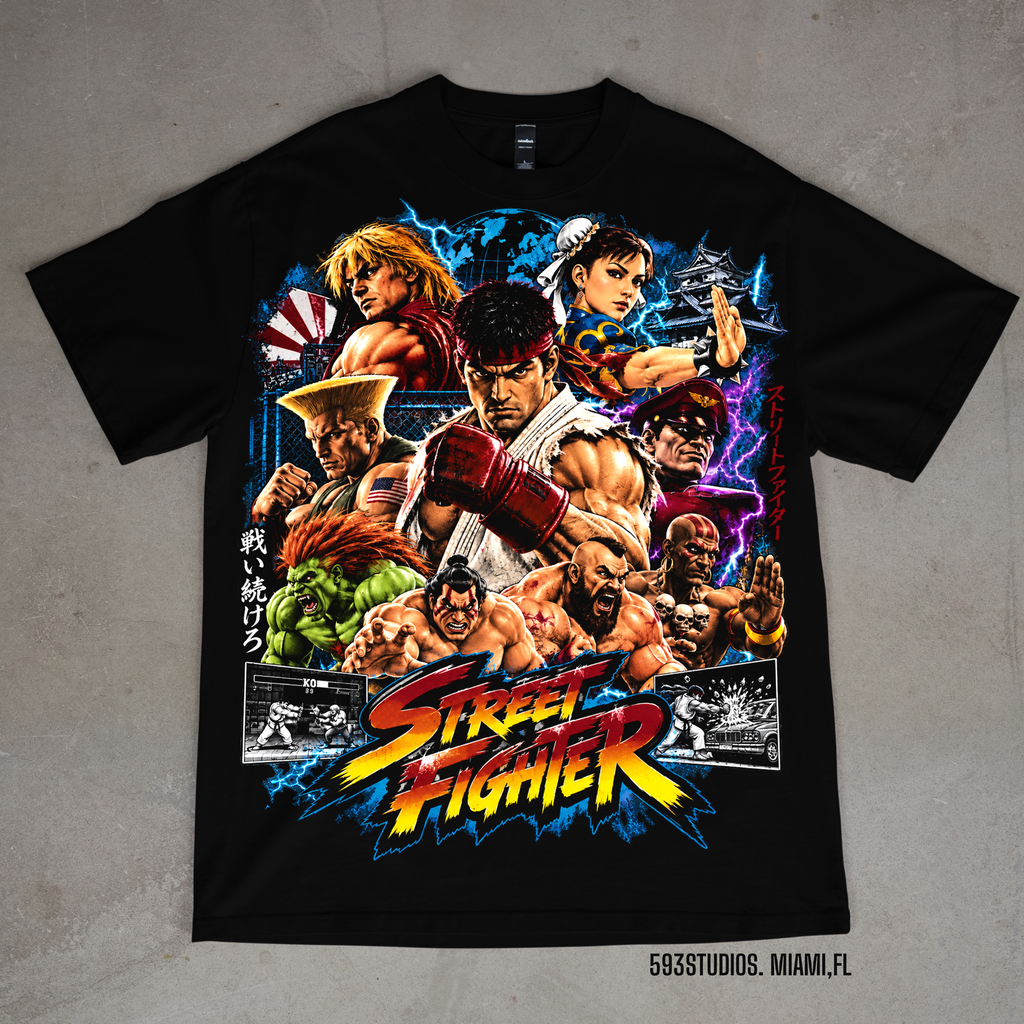 Street Fighter character collage on a black T-shirt