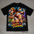 Street Fighter character collage on a black T-shirt