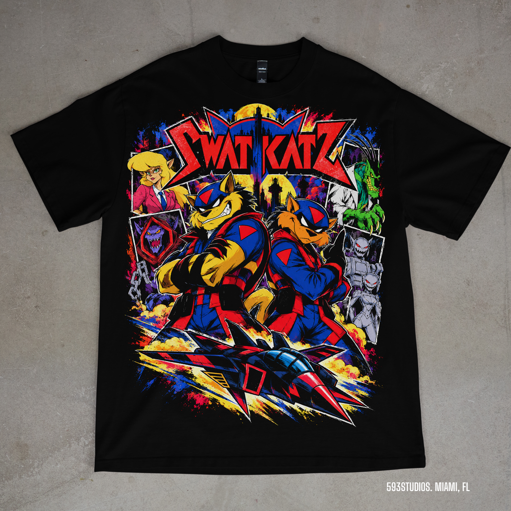 SWAT Kats graphic on a black T-shirt