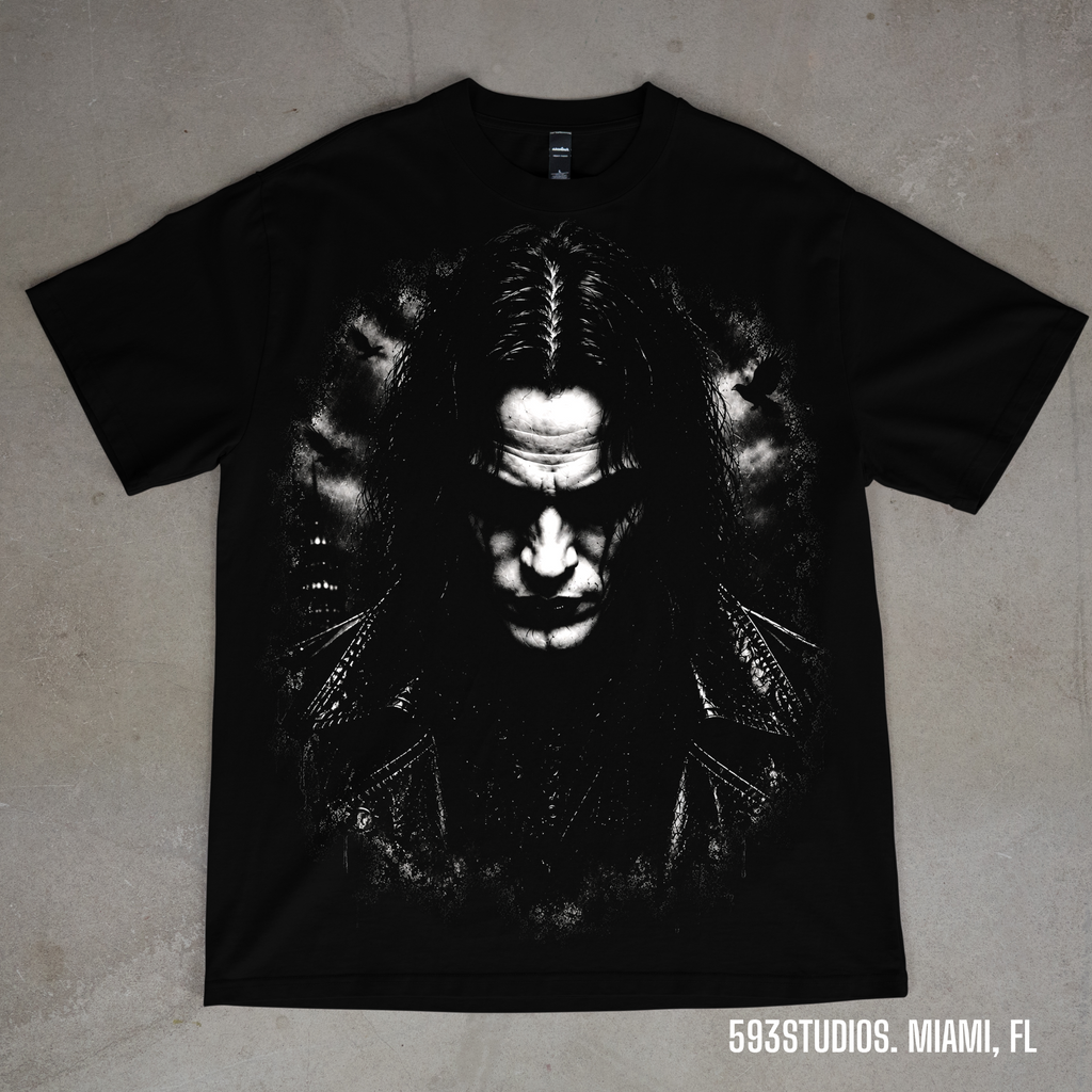 The Crow graphic on a black Shaka Wear T-shirt